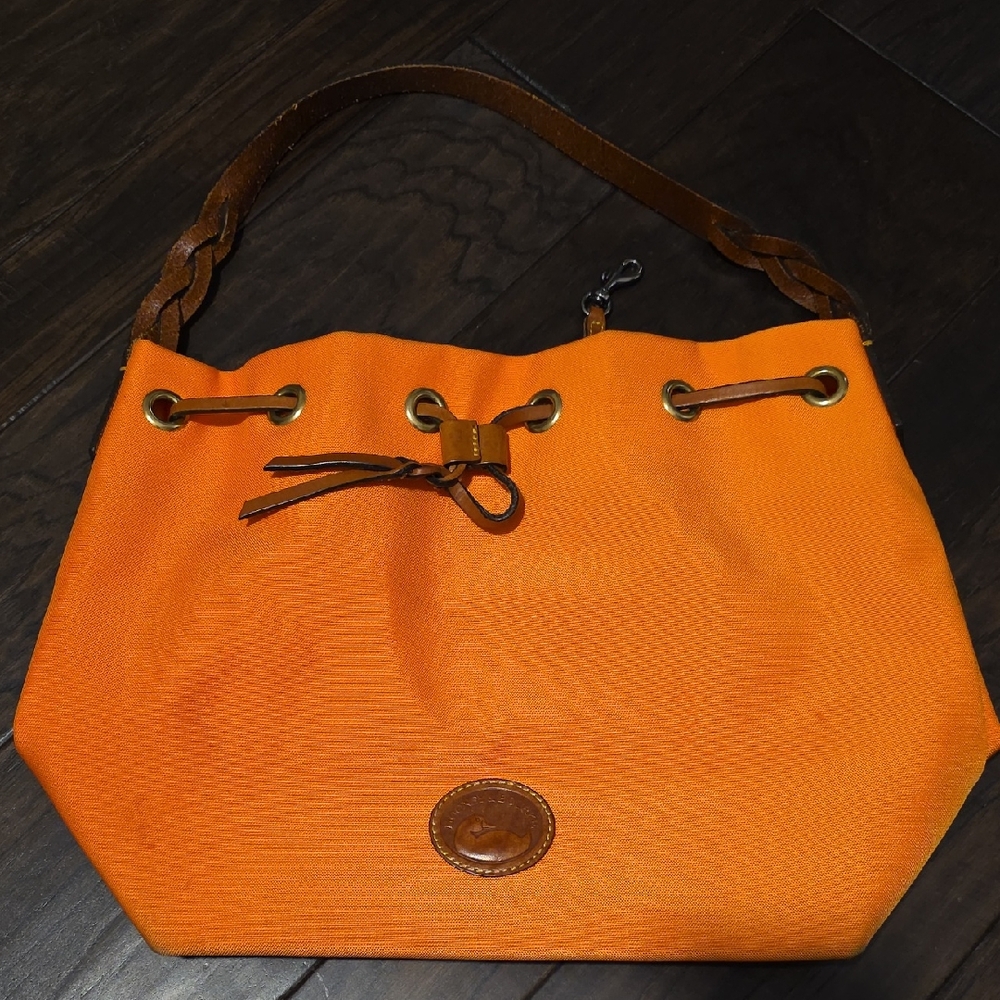 Dooney & Bourke Orange Canvas Bucket Shoulder Bag with Brown Trim